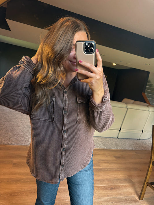 MINERAL WASH WAFFLE KNIT BUTTON UP