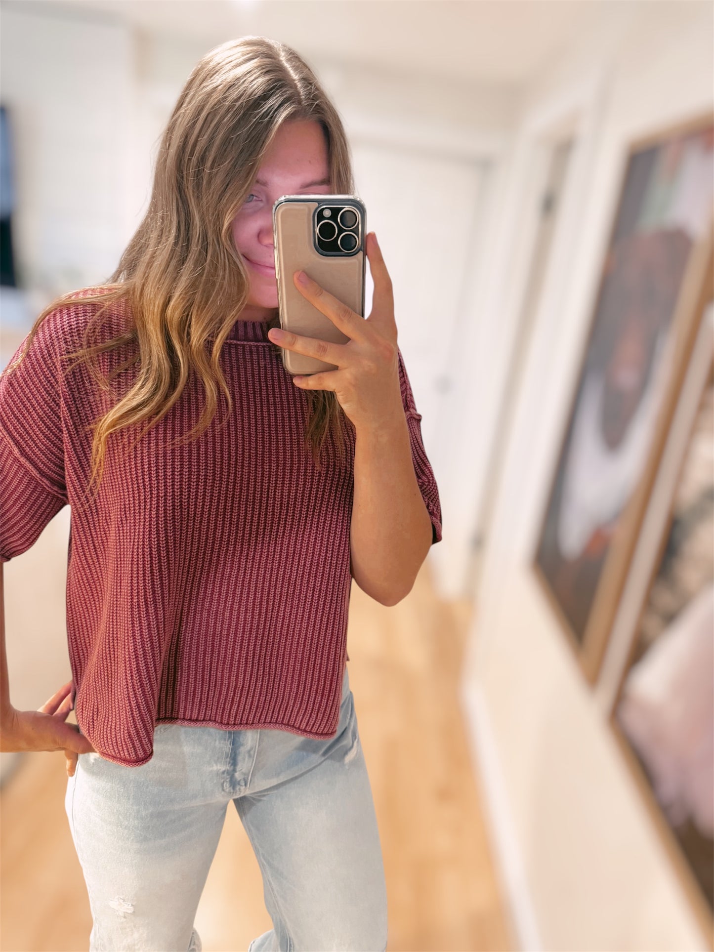 BERRY WASHED SHORT SLEEVE SWEATER