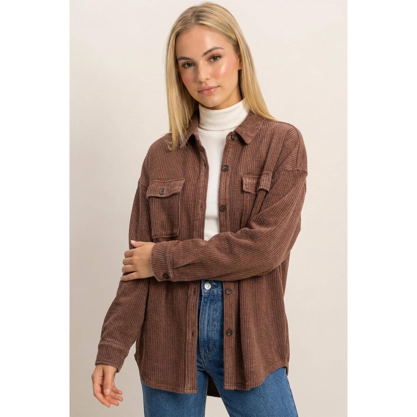 Mineral Wash Waffle Knit Button-Up Shacket