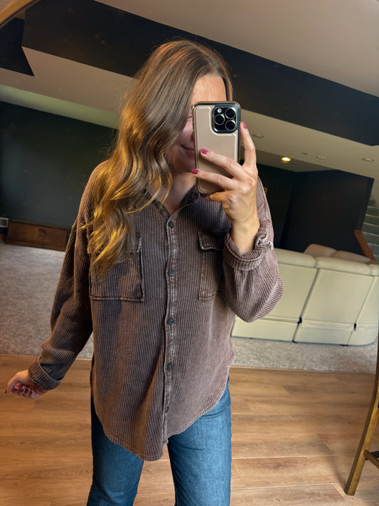 MINERAL WASH WAFFLE KNIT BUTTON UP