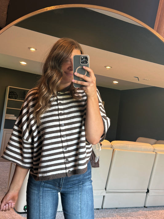 STRIPE RAW EDGE SHORT SLEEVE BUTTON DOWN CARDIGAN
