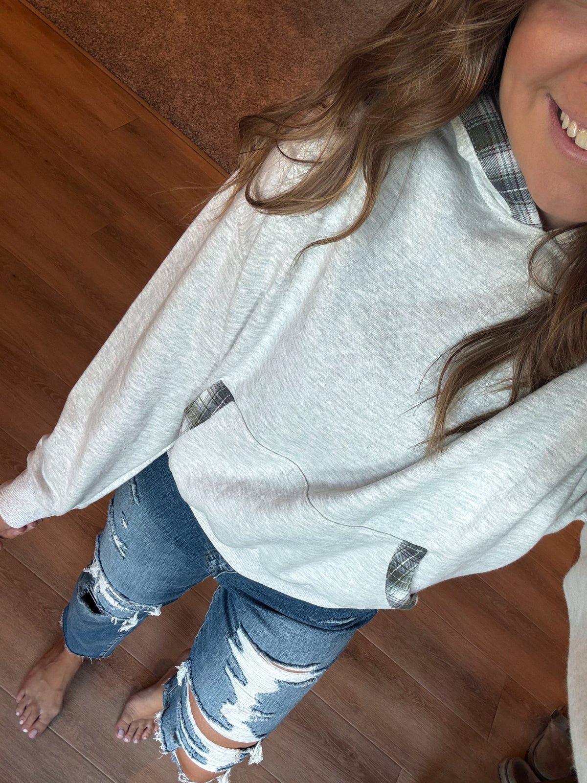 LAINEY PLAID TRIM PULLOVER