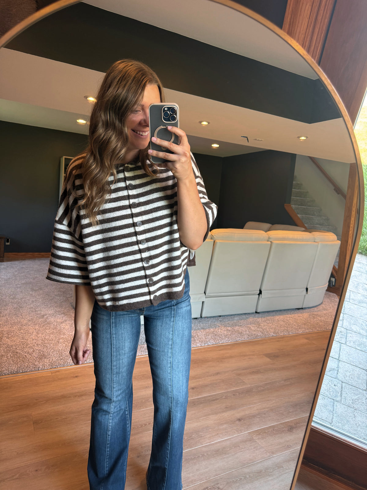 STRIPE RAW EDGE SHORT SLEEVE BUTTON DOWN CARDIGAN