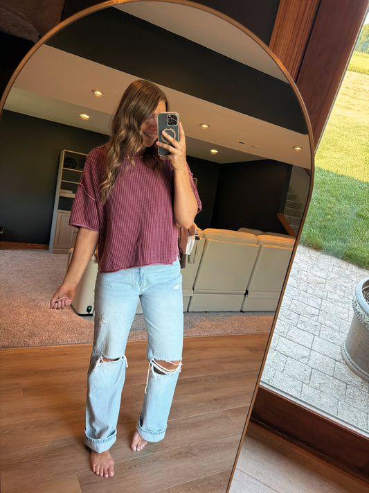 BERRY WASHED SHORT SLEEVE SWEATER